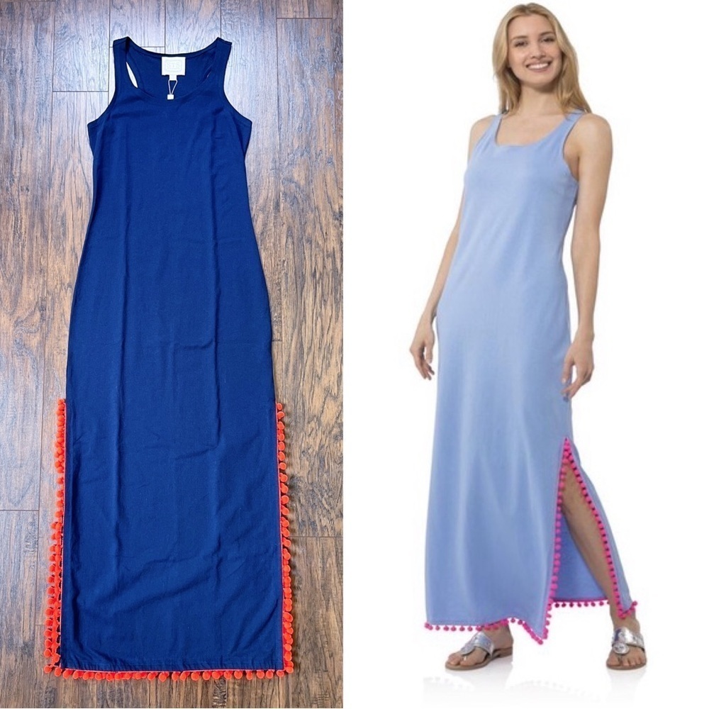 STS • Racerback Pom Pom Maxi Dress navy blue cotton jersey knit orange trim
